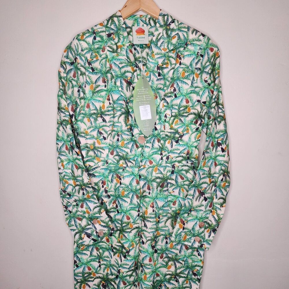 Farm Rio Tropical Toucans 100% Linen Blazer Jumpsuit Small Coastal Vacation NEW - Picture 7 of 16
